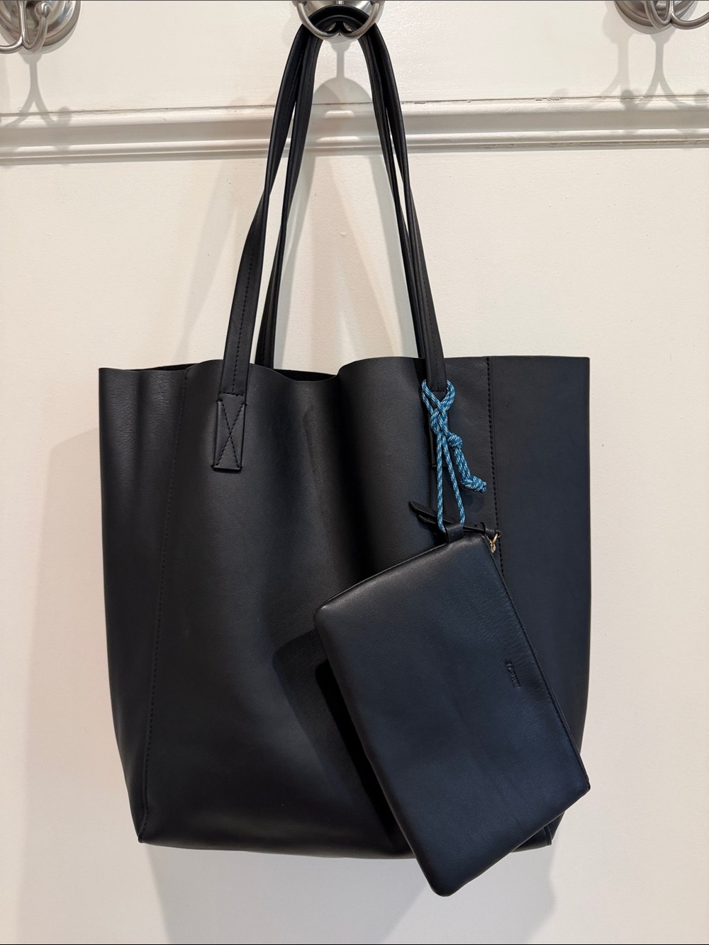 J. Crew Black Tote with Black Wristlet and Blue Accent